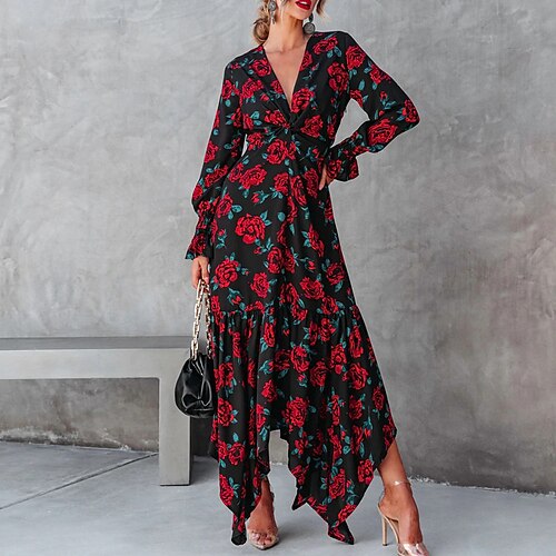 

Women's Casual Dress Swing Dress Long Dress Maxi Dress Red Long Sleeve Floral Print Winter Fall V Neck Stylish Modern Fall Dress 2022 S M L XL XXL 3XL / Winter Dress