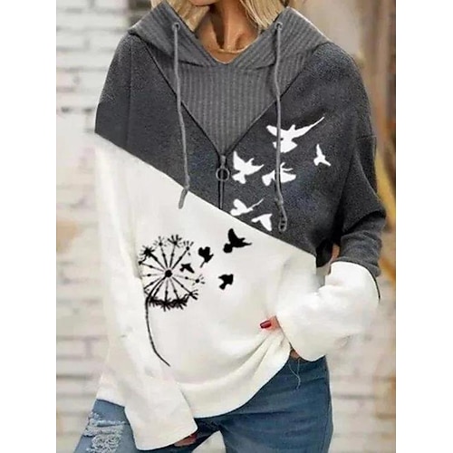 

Women's Hoodie Sweatshirt Pullover Streetwear Zipper Gray Color Block Butterfly Casual Hoodie Long Sleeve S M L XL XXL