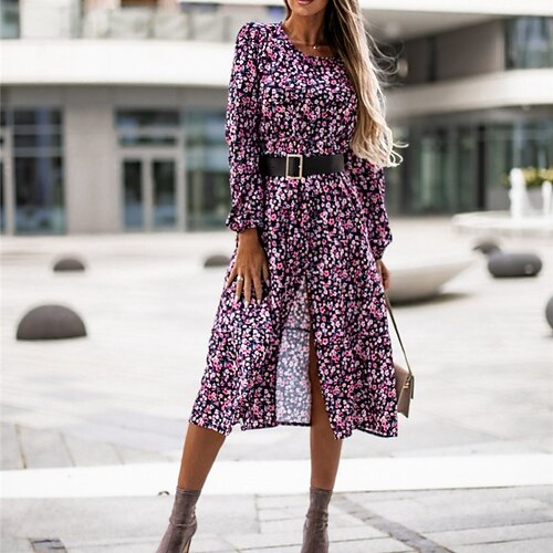 

Women's Casual Dress Shift Dress Midi Dress Purple khaki Long Sleeve Leopard Print Split Print Winter Fall Crew Neck Stylish Casual Modern Fall Dress 2022 S M L XL 2XL / Winter Dress