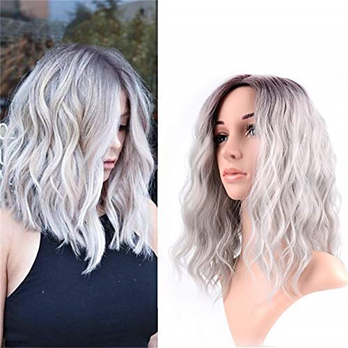 

14 Inch Curly Grey Wig Short bob Wigs Shoulder Length side part Women's Short Wig ombre color Synthetic Cosplay Wig for Girl Halloween Costume Wigs Ombre Purple Grey Color ChristmasPartyWigs