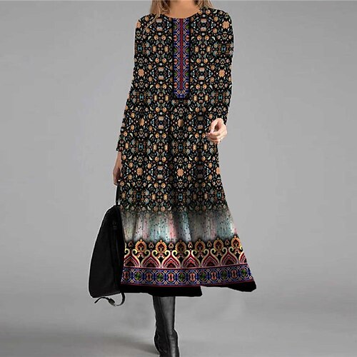 

Women's Casual Dress Swing Dress Midi Dress Light Green Wine Dusty Rose Beige Black Long Sleeve Floral Pocket Print Winter Fall Vacation Casual Fall Dress 2022 S M L XL XXL 3XL / Winter Dress