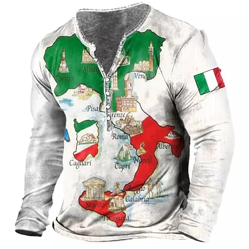 

Men's Henley Shirt T shirt Tee Tee Graphic Map National Flag Henley Gray 3D Print Outdoor Daily Long Sleeve Button-Down Print Clothing Apparel Basic Designer Classic Comfortable