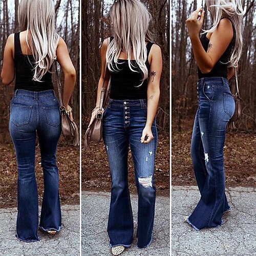 

Women's Jeans Bell Bottom Denim Blue Fashion Casual Daily Wide Leg Full Length Comfort Plain S M L XL 2XL