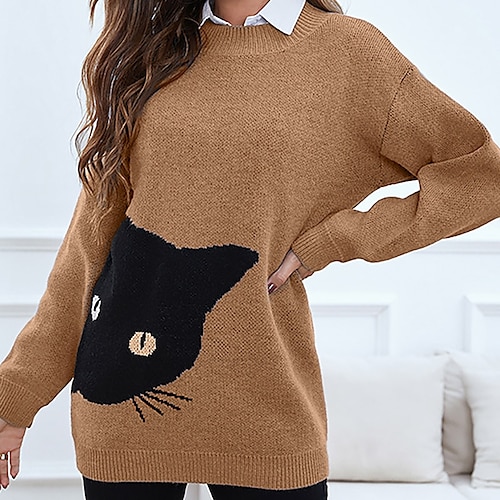 

Women's Pullover Sweater jumper Jumper Ribbed Knit Knitted Animal Crew Neck Stylish Casual Outdoor Daily Winter Fall Blue Brown S M L / Long Sleeve / Regular Fit / Going out