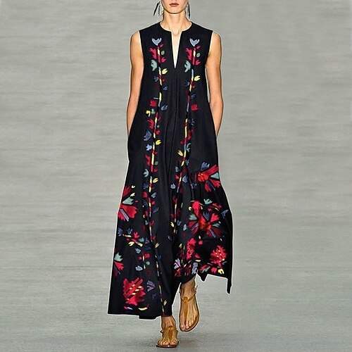 

Women's Long Dress Maxi Dress Black Pink Sky Blue Sleeveless Floral Patchwork Summer V Neck Modern Loose Fit 2022 S M L XL 2XL 3XL 4XL 5XL