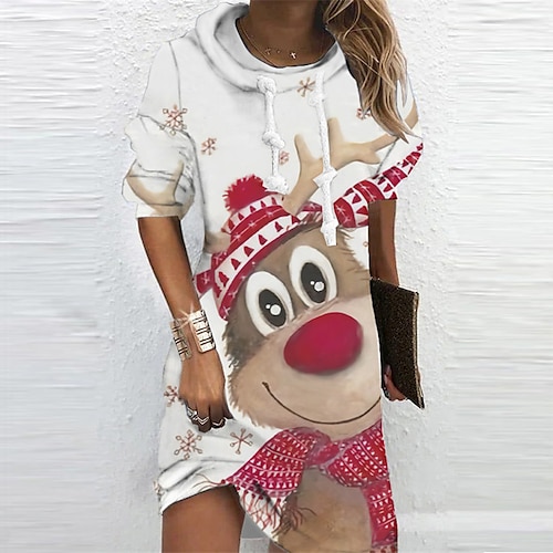 

Women's Christmas Hoodie Dress Winter Dress Mini Dress Wine White Long Sleeve Elk Snowman Print Winter Fall Hooded Vacation Casual 2022 S M L XL XXL 3XL