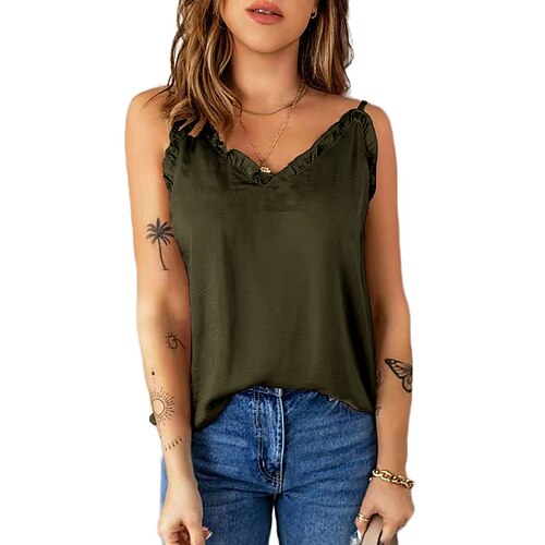 

Women's Tank Top Camis claret Black Blue Plain Ruffle Sleeveless Casual Basic V Neck Regular S