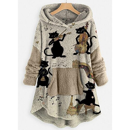 

Women's Plus Size Tops Blouse Shirt Cat Long Sleeve Hooded Casual Teddy Daily Vacation Polyester Winter Fall khaki