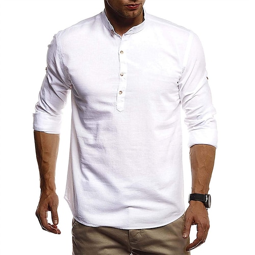 

Hombre camisa de lino Abotonar la camisa Camisa de verano Camisa de playa Negro Blanco Vino Manga Larga Plano cuello henley Primavera Otoño Hawaiano Festivos Ropa Abotonar