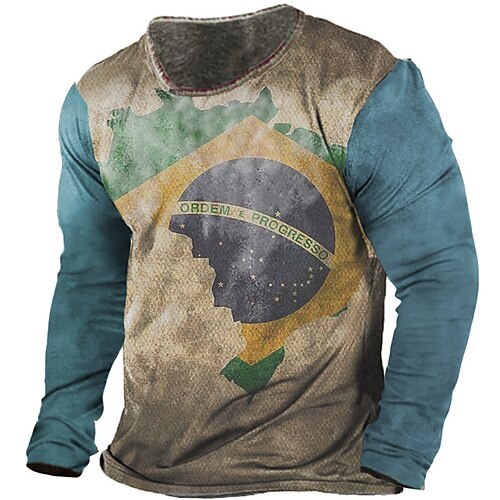 

Men's T shirt Tee Color Block Graphic Prints Crew Neck Brown 3D Print Outdoor Street Long Sleeve Print Clothing Apparel Basic Vintage Sports Designer