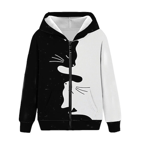 

Kids Boys Hoodie Jacket Outerwear Animal Cat Long Sleeve Zipper Coat Casual Fashion Daily Black Winter Fall 7-13 Years