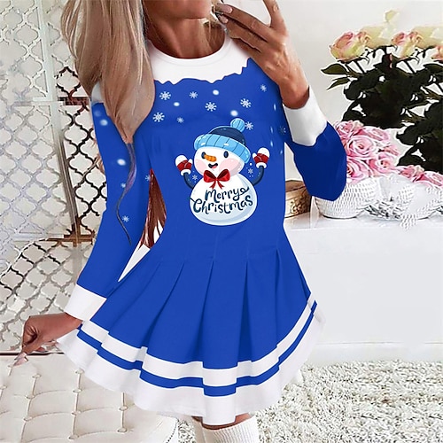 

Mulheres Vestido da bainha Preto Azul Vermelho Manga Longa Boneco de Neve Pregueado Inverno Outono Gola Redonda Moda Natal 2022 S M L XL 2XL