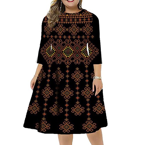 

Women's Plus Size Casual Dress Floral Crew Neck Print 3/4 Length Sleeve Winter Fall Vintage Stylish Work Casual Midi Dress Vacation Going out Dress