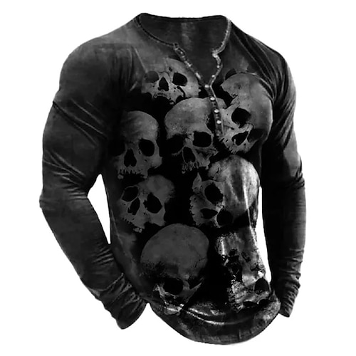 

Men's T shirt Tee Henley Shirt Tee Graphic Skull Henley Black 3D Print Outdoor Daily Long Sleeve Button-Down Print Clothing Apparel Basic Designer Classic Comfortable