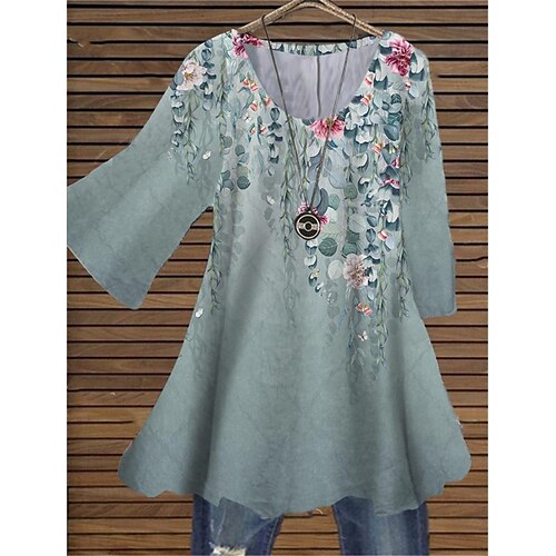 

Mujer Talla extra Tops Blusa Camisa Floral Estampado Manga 3/4 Cuello redondo Casual Diario Festivos Jersey de algodón spandex Invierno Otoño Azul Piscina / Talla Grande