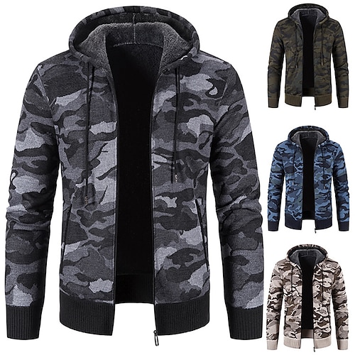 

Men's Cardigan Sweater Fleece Sweater Ribbed Knit Knitted Camo / Camouflage Hooded Basic Warm Ups Daily Wear Vacation Clothing Apparel Fall & Winter Blue Dark Gray M L XL