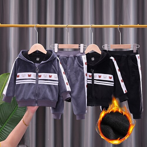 

2 Pieces Toddler Boys Tracksuits Outfit Bear Stripe Long Sleeve Cotton Set Athleisure Cool Daily Winter Fall 3-7 Years Black Gray / Sports