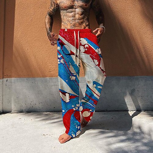 

Men's Trousers Beach Pants Drawstring Elastic Waist 3D Print Color Block Graphic Prints Comfort Breathable Casual Daily Holiday Streetwear Designer Blue