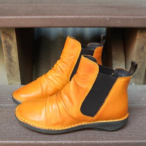 

Women's Boots Chelsea Boots Plus Size Booties Ankle Boots Flat Heel Round Toe Sweet Outdoor Daily PU Leather Loafer Spring Fall Color Block Green Yellow Brown