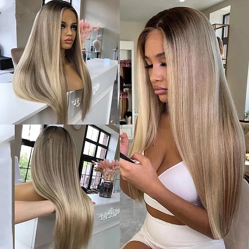 

HD Transparent Lace Frontal Wig Brazilian Straight Ombre Blonde Grey 13x4 Lace Front Colored Human Hair Wigs For Women Remy