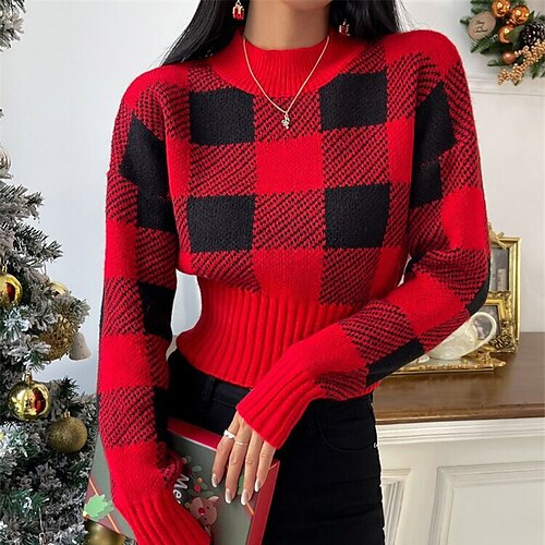 

Women's Ugly Christmas Sweater Pullover Sweater Jumper Ribbed Knit Cropped Knitted Plaid Crew Neck Stylish Casual Outdoor Christmas Winter Fall Red S M L / Long Sleeve / Weekend / Holiday / Going out