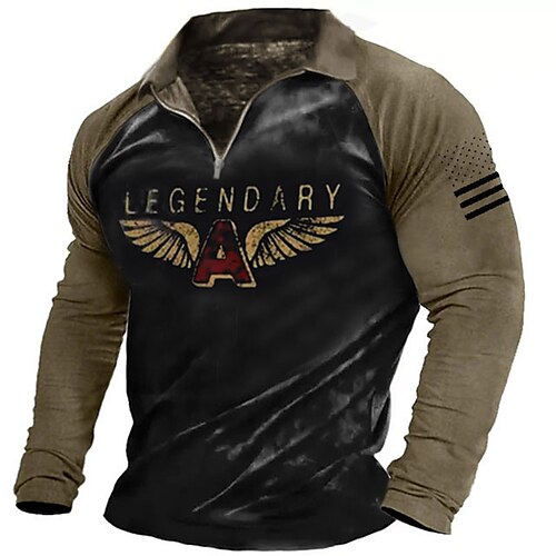 

Men's Collar Polo Shirt Golf Shirt Letter Turndown Blue Khaki Dark Gray Gray 3D Print Street Casual Long Sleeve Zipper Print Clothing Apparel Fashion Designer Casual Breathable
