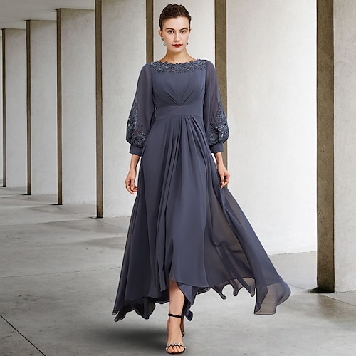 

A-Line Mother of the Bride Dress Plus Size Elegant Jewel Neck Asymmetrical Floor Length Chiffon Lace Half Sleeve with Pleats Appliques Side-Draped 2022