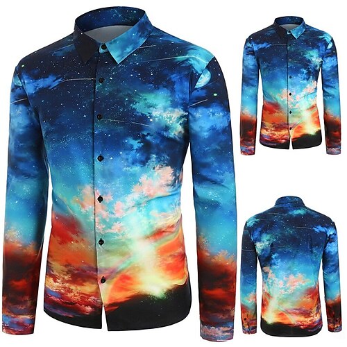 

Men's Shirt Galaxy Turndown Blue 3D Print Outdoor Street Long Sleeve Button-Down Print Clothing Apparel Fashion Designer Casual Breathable