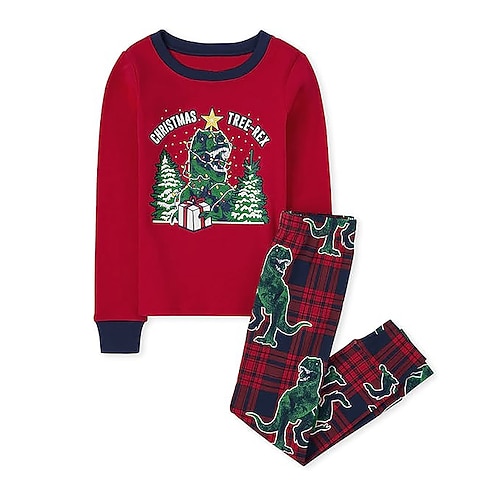 

Kids Girls' Ugly Christmas Pants Suit 2pcs Long Sleeve Green Red Navy Blue Plaid Dinosaur Christmas Tree Crewneck Christmas Gifts Casual Cute Cool Regular 7-13 Years