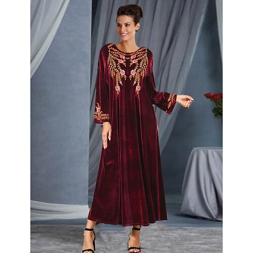 

Women's Party Dress Velvet Dress Wine Long Sleeve Embroidery Ruched Velvet Winter Fall Crew Neck Stylish Elegant Party Wedding Guest Fall Dress Loose Fit 2022 L XL 2XL 3XL 4XL / Winter Dress