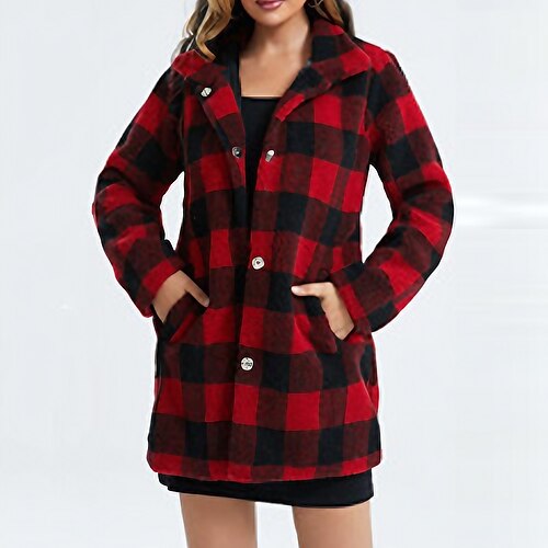 

Women's Sherpa jacket Fleece Jacket Coat Warm Breathable Outdoor Christmas Daily Wear Vacation Pocket Single Breasted Turndown Comfortable Street Style Plush Shacket Plaid Regular Fit Outerwear Long