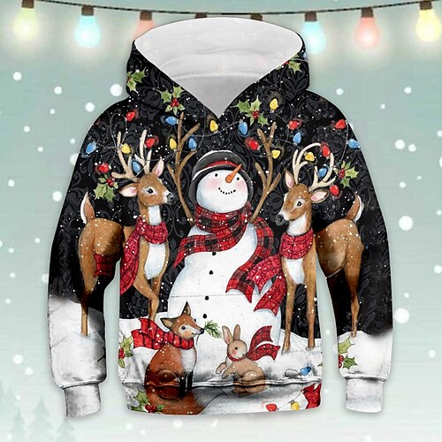 

Kids Boys Ugly Christmas Hoodie Pullover Animal Elk Snowman Long Sleeve Pocket Children Top Christmas Gifts Hoodie Fashion Adorable Black Winter 7-13 Years Fall