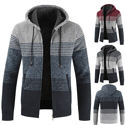 

Men's Cardigan Sweater Fleece Sweater Ribbed Knit Tunic Knitted Color Block Hooded Warm Ups Modern Contemporary Daily Wear Going out Clothing Apparel Winter Fall Blue Red & White M L XL