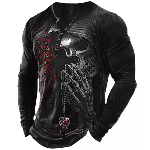 

Herren T Shirt Henley Shirt Tee Graphic Totenkopf Motiv Henley Schwarz 3D-Druck Outdoor Täglich Langarm Button-Down Bedruckt Bekleidung Basic Designer Klassisch Komfortabel