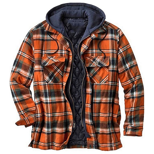 

Men's Coat Fleece Lining With Pockets Daily Wear Vacation Going out Single Breasted Hoodie Streetwear Casual Daily Outdoor Jacket Outerwear Plaid Pocket Fleece Print Orange