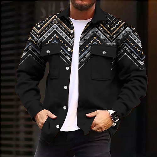 

Men's Jacket With Pockets Daily Wear Vacation Going out Single Breasted Turndown Streetwear Sport Casual Jacket Outerwear Geometry Front Pocket Print Black / Long Sleeve