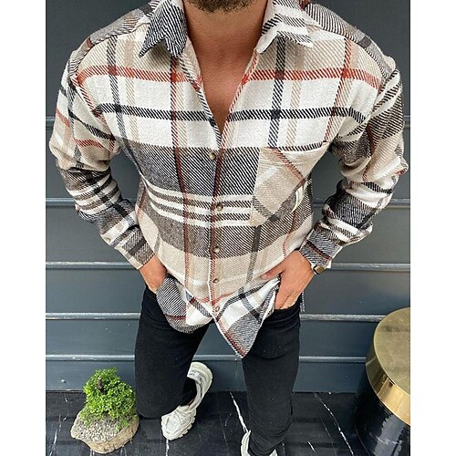 

Men's Shirt Overshirt Shirt Jacket Plaid Check Turndown Brown Long Sleeve Street Daily Button-Down Tops Basic Fashion Casual Comfortable