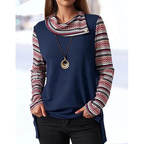 

Women's Sweatshirt Pullover Basic Ethnic Blue Red Geometric Street Pile Neck Long Sleeve S M L XL 2XL 3XL