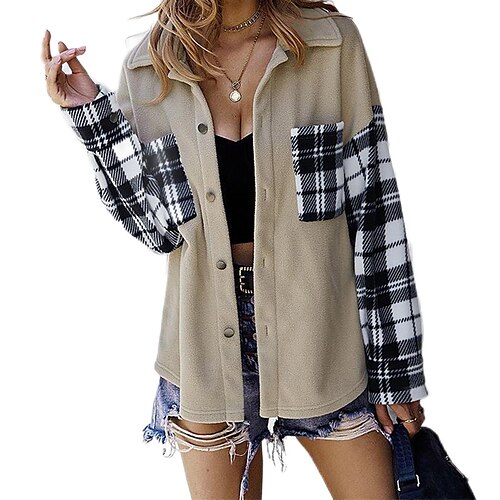 

Women's Sherpa jacket Fleece Jacket Teddy Coat Warm Breathable Outdoor Daily Wear Vacation Going out Pocket Print Single Breasted Turndown Active Comfortable Plush Shacket Plaid Regular Fit Outerwear