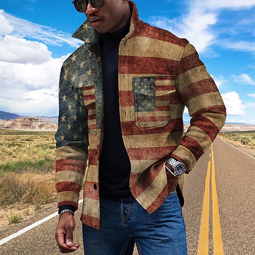 

Men's Coat With Pockets Daily Wear Vacation Going out Single Breasted Turndown Streetwear Casual Daily Outdoor Jacket Outerwear National Flag Pocket Print Dark Red / Long Sleeve