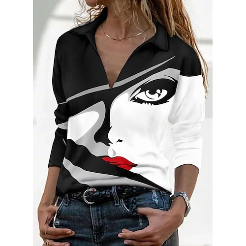 

Women's T shirt Tee White Black Portrait Print Long Sleeve Daily Weekend Basic Shirt Collar Regular Portrait Painting S