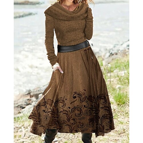 

Women's Sweater Dress Swing Dress Midi Dress Khaki Long Sleeve Floral Ruched With Belt Knit Winter Fall V Neck Stylish Modern Fall Dress 2022 S M L XL XXL 3XL / Winter Dress / Print