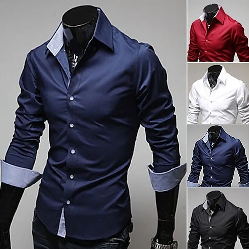 

Men's Dress Shirt Solid Colored Collar Spread Collar Wine Dark Blue White Black Wedding Party Long Sleeve Clothing Apparel Business / Spring / Fall / Work / Slim