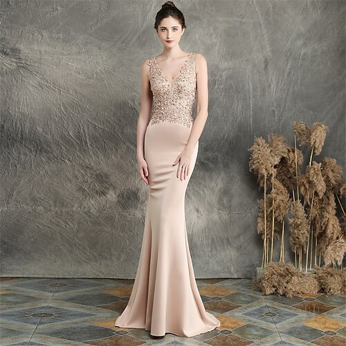 

Mermaid / Trumpet Evening Gown Elegant Dress Formal Sweep / Brush Train Sleeveless V Neck Cotton Blend with Beading Appliques 2022