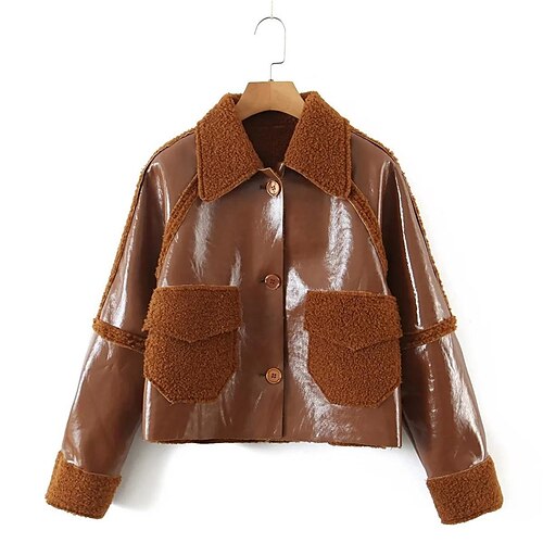 

Women's Faux Leather Jacket Warm Breathable Outdoor Daily Wear Vacation Going out Pocket Single Breasted Turndown Active Chic & Modern Comfortable Street Style Solid Color Regular Fit Outerwear Long