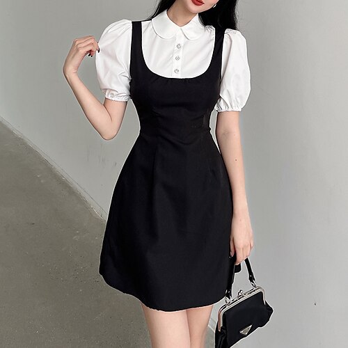 

Women's Work Dress Sheath Dress Mini Dress Black Short Sleeve Pure Color Patchwork Button Fake two piece Winter Fall Shirt Collar Elegant Modern 2022 S M L / Cotton / Black Dress