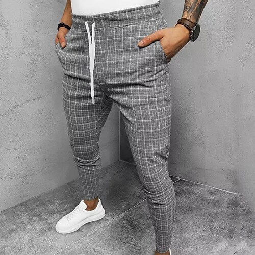 

Men's Joggers Trousers Casual Pants Plaid Drawstring Trousers Pocket Elastic Waist Grid / Plaid Comfort Soft Daily Holiday Streetwear Casual Black Blue Micro-elastic