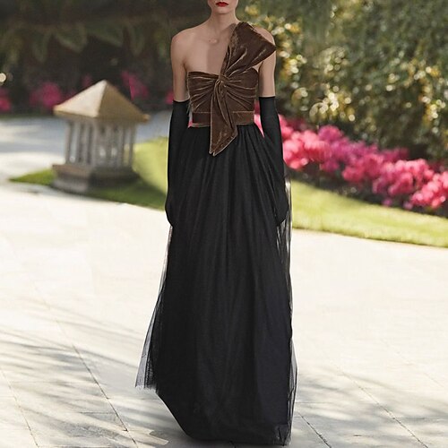 

A-Line Evening Gown Color Block Dress Wedding Guest Floor Length Sleeveless Strapless Chiffon with Bow(s) Splicing 2022