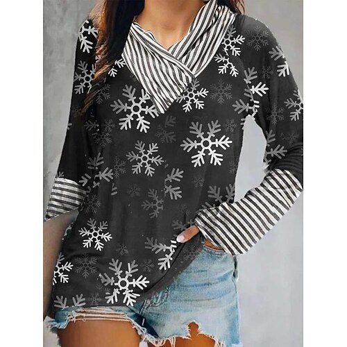 

Women's Shirt Red Black Snowflake Print Long Sleeve Christmas Casual Streetwear V Neck Regular S