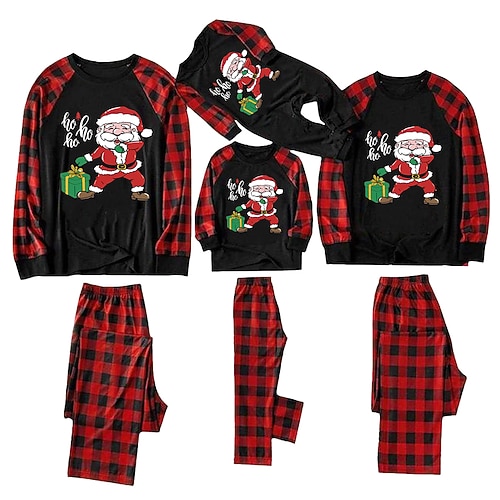 

Christmas Pajamas Family Plaid Letter Santa Claus Home Black Red Gray Long Sleeve Basic Matching Outfits